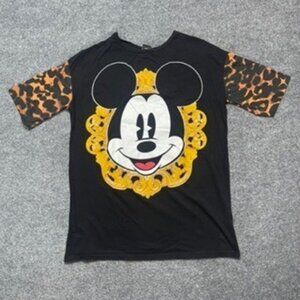 Mickey Mouse Womens Ink Paint Disney T-Shirt Black Yellow Camo Crew Neck L